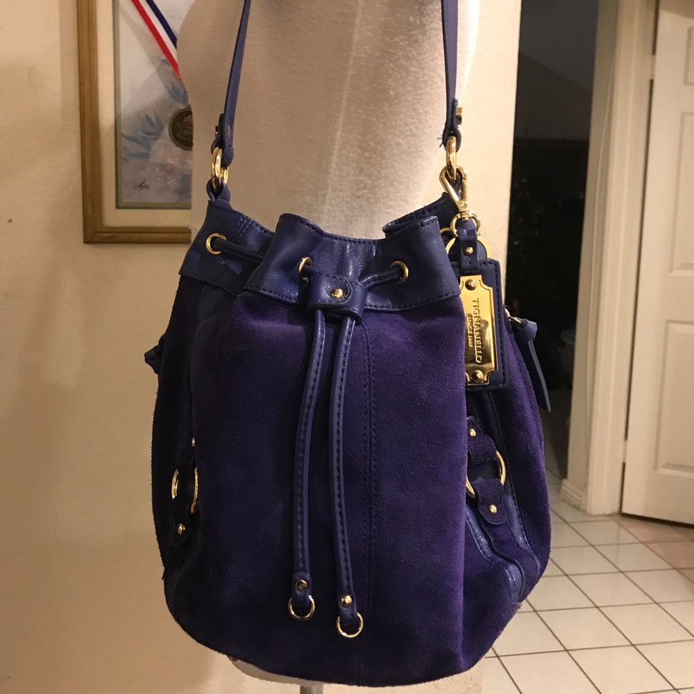 Tignanello Blue Leather Drawstring Shoulder Bag